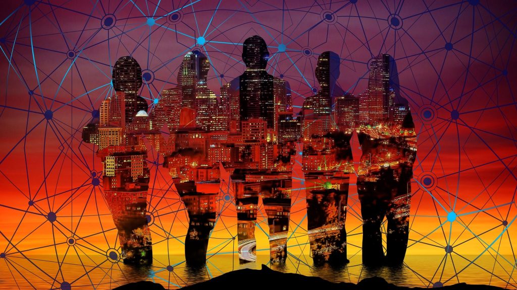 People against background of sunset and graphic of a network