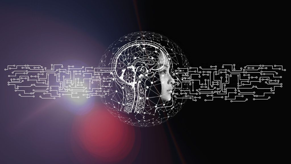 Human head against dark background with computer circuits